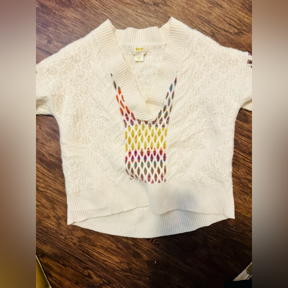 Anthropologie Cream V-Neck Sweater with Multicolor Diamond Pattern